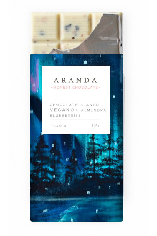 Blanco vegano con mora azul  y almendras - Aranda honest chocolate